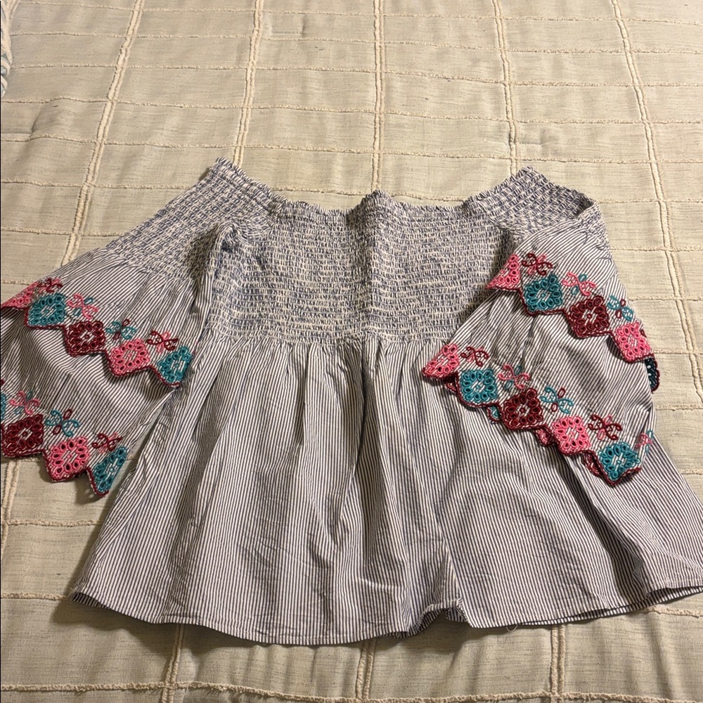 LOFT Blue and White Smocked Top
